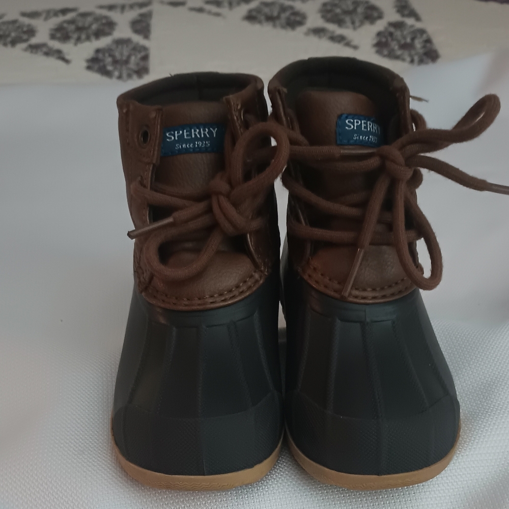 Sperry Top-Side Lace Up Rain Duck Boots Toddler Size 8M Brown Great Condition